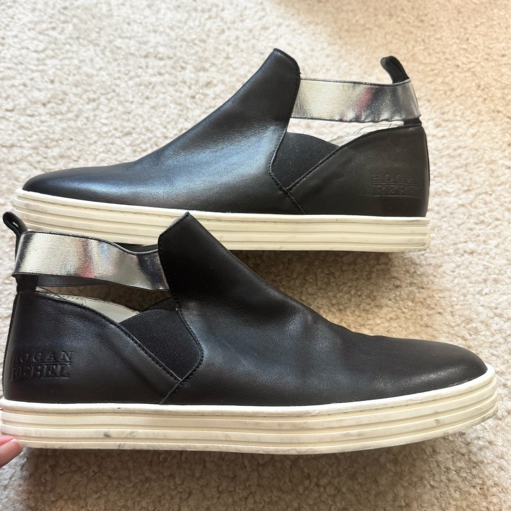 Hogan Rebel Hi‎ Top Black Leather Sneakers with Metallic Ankle Strap Size 39